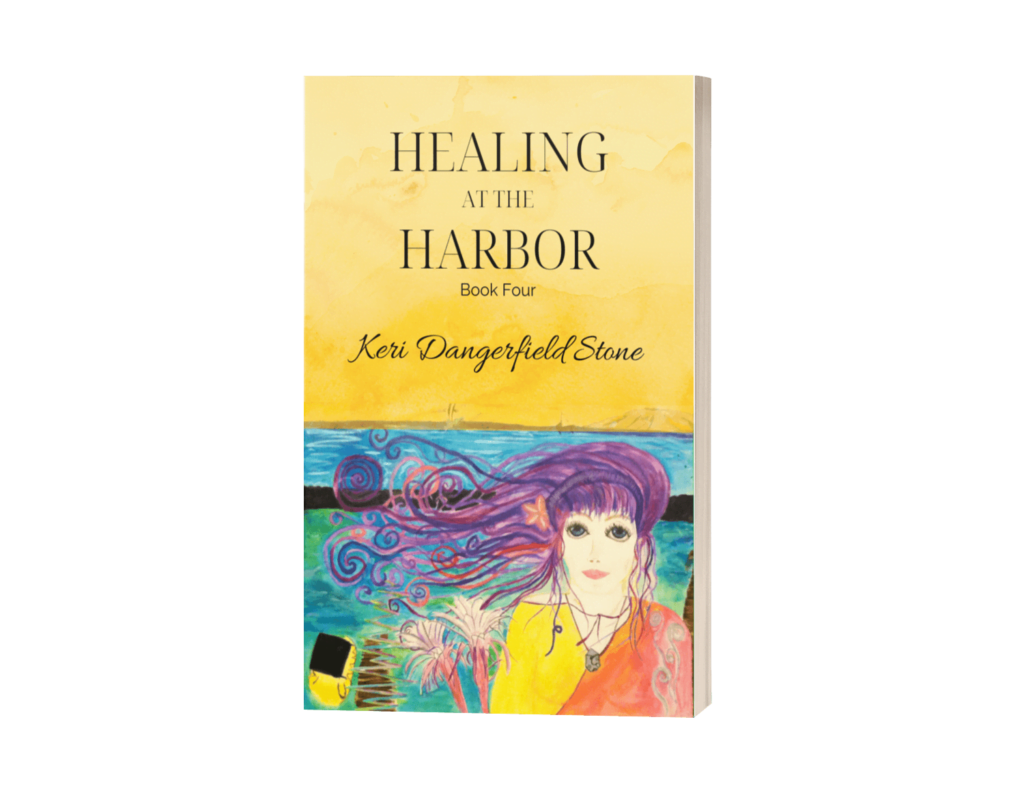 Book cover for 'Healing at the Harbor' by Keri Dangerfield Stone, featuring an illustration of a woman with flowing purple hair against a seascape background.