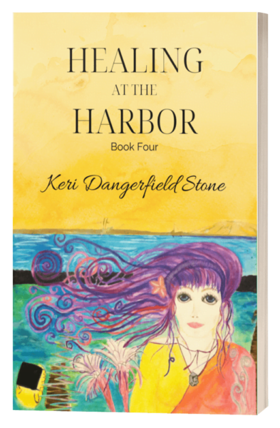 Links to more info about Book 4, Healing at the Harbor. Image of Book cover for 'Healing at the Harbor' by Keri Dangerfield Stone, featuring an illustration of a woman with flowing purple hair against a seascape background.