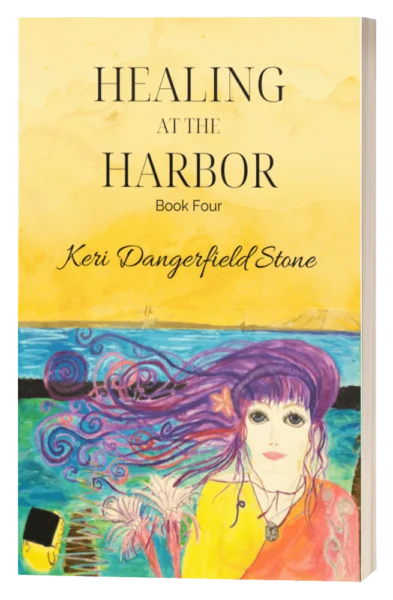 Links to more info about Book 4, Healing at the Harbor. Image of Book cover for 'Healing at the Harbor' by Keri Dangerfield Stone, featuring an illustration of a woman with flowing purple hair against a seascape background.