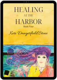 E-Book cover for 'Healing at the Harbor' by Keri Dangerfield Stone, featuring an illustration of a woman with flowing purple hair against a seascape background.